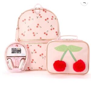 Schoolyard Vibes 17" Girls' 3-Piece Cherry Kids Backpack Set with Headphones